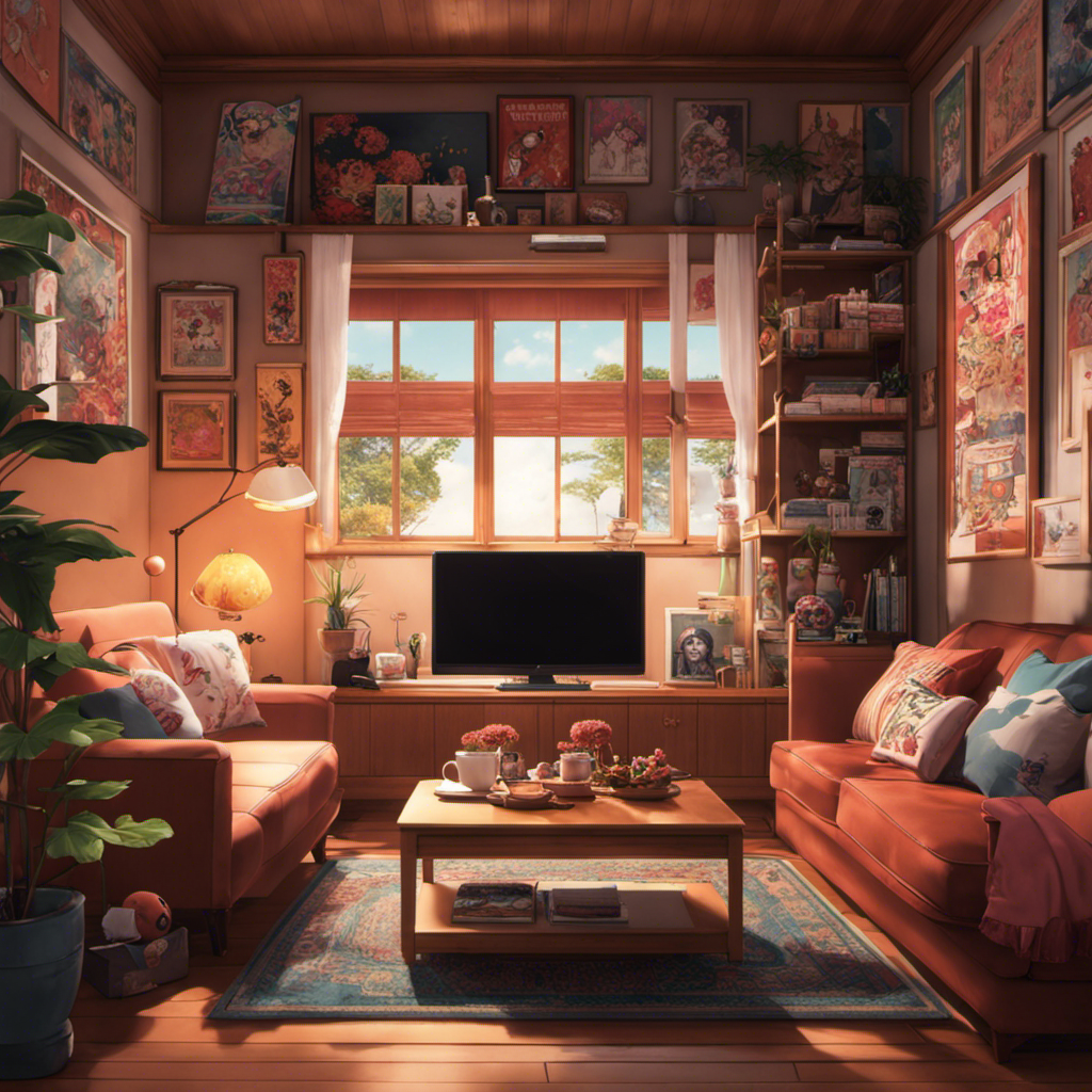 An image showcasing a cozy living room with a large flat-screen TV mounted on the wall, surrounded by vibrant anime posters and plush cushions