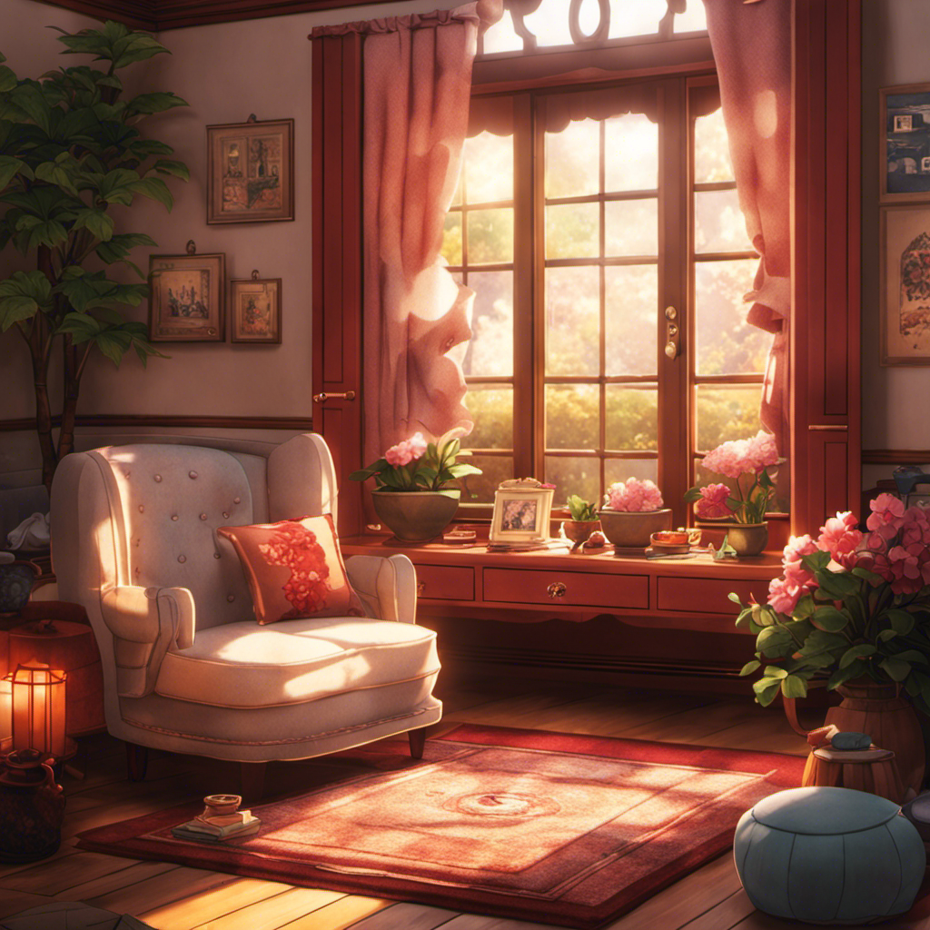 An image showcasing a cozy living room, bathed in warm light from a large window