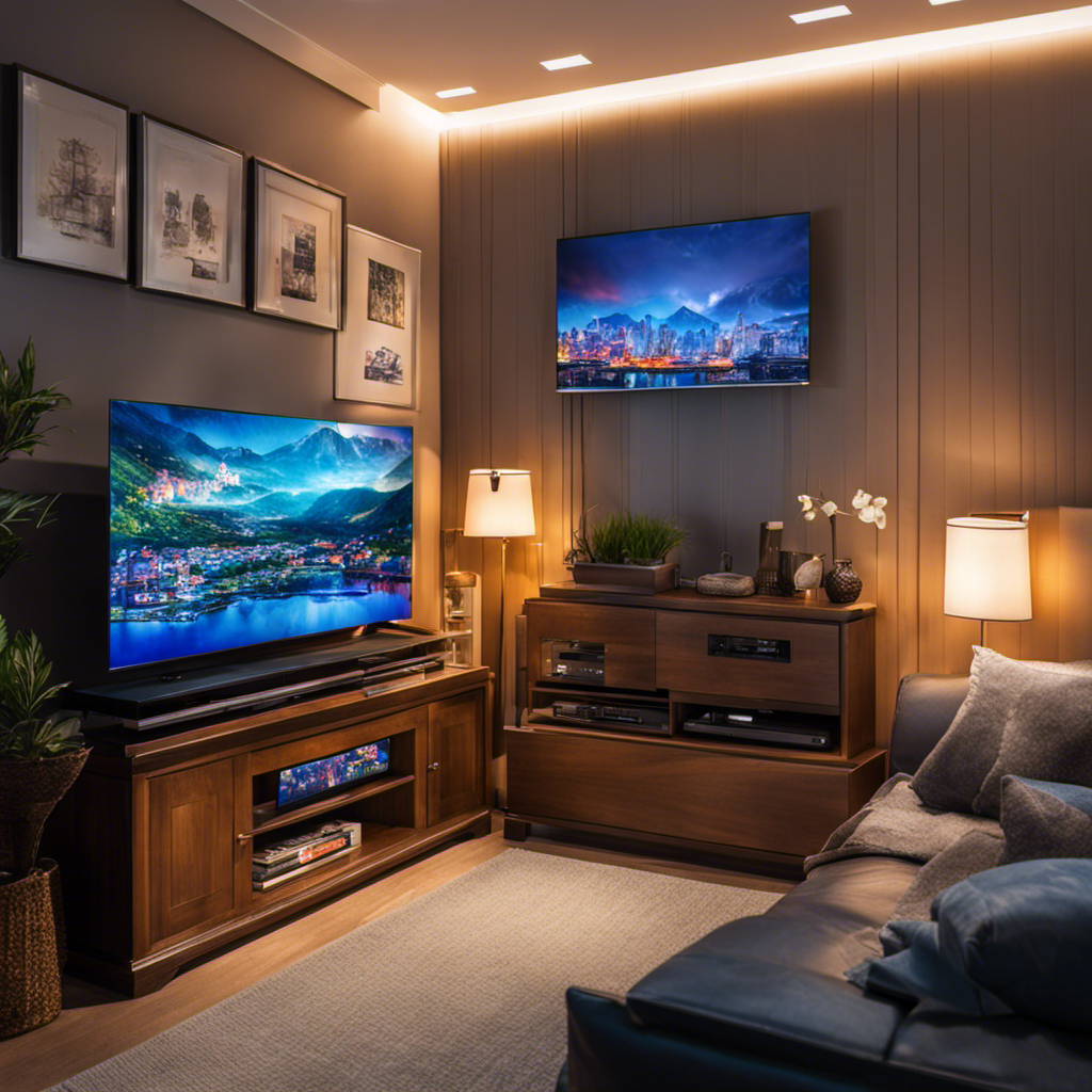 An image showcasing a cozy living room with plush cushions, dimmed lights, and a large high-definition television displaying the captivating anime "Toilet Bound