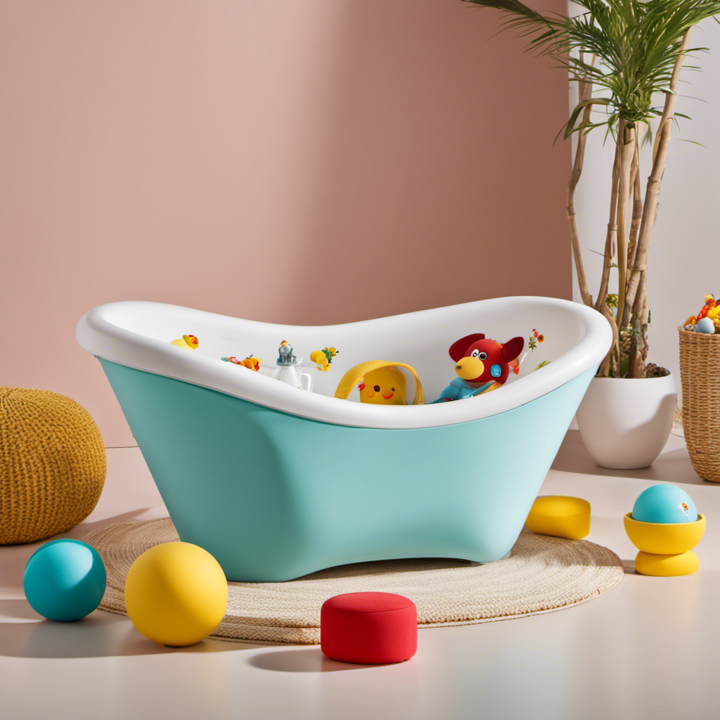 An image showcasing a spacious, ergonomic baby bathtub with a contoured shape, soft cushioned lining, and a built-in headrest