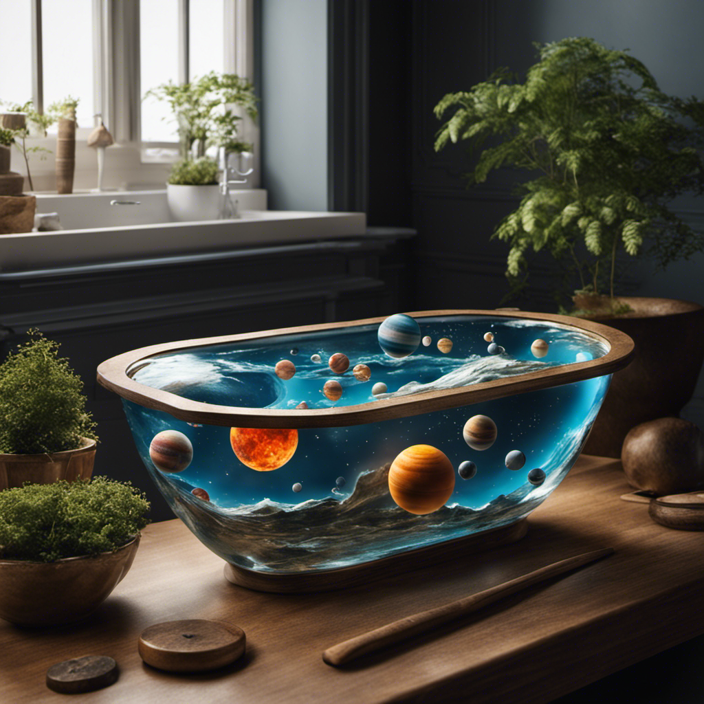 An image showcasing a bathtub filled with water, a miniature model of each planet floating individually