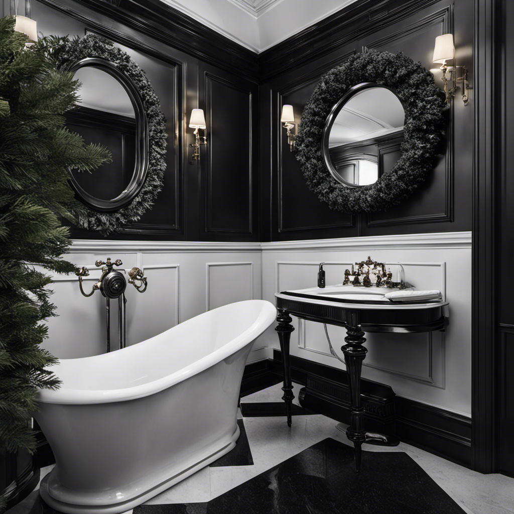 An image depicting a vintage bathroom with a black and white color scheme