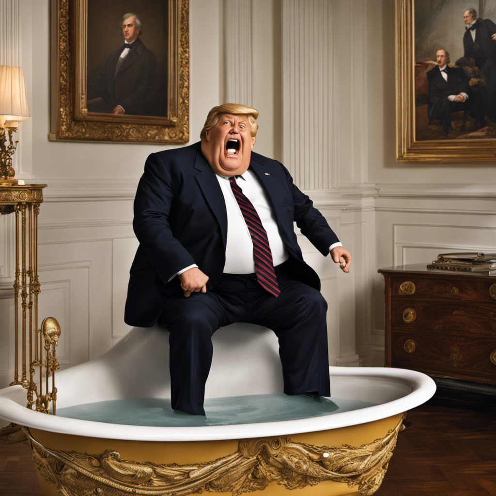 An image capturing the comical mishap of a portly president wedged in a vintage bathtub within the elegant confines of the White House