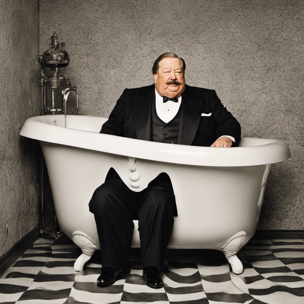 An image that captures the humorous moment when a rotund president, William Howard Taft, struggles to fit in a vintage bathtub, showcasing his ample girth as he attempts to squeeze into the narrow space