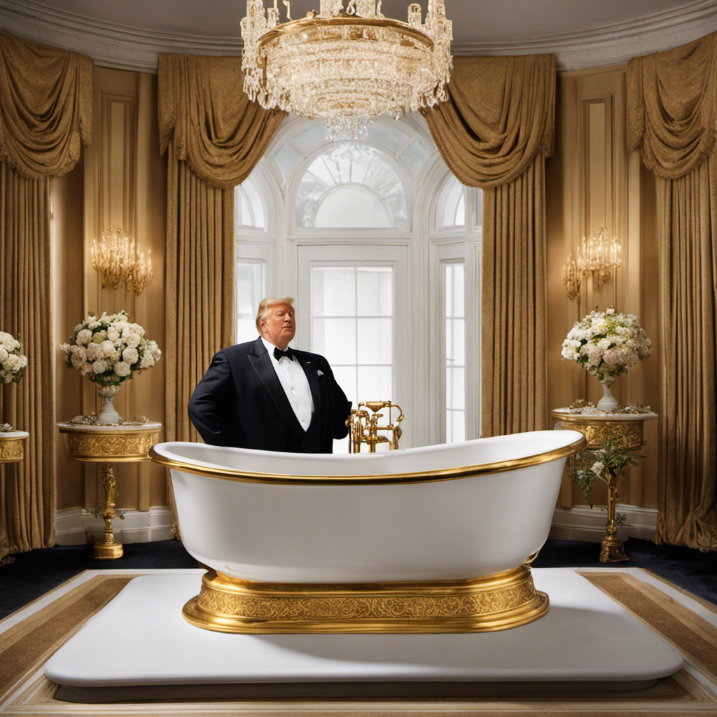 An image capturing the comical scene of a rotund president wedged in a vintage porcelain bathtub, adorned with intricate gold fixtures, inside the elegant confines of the White House