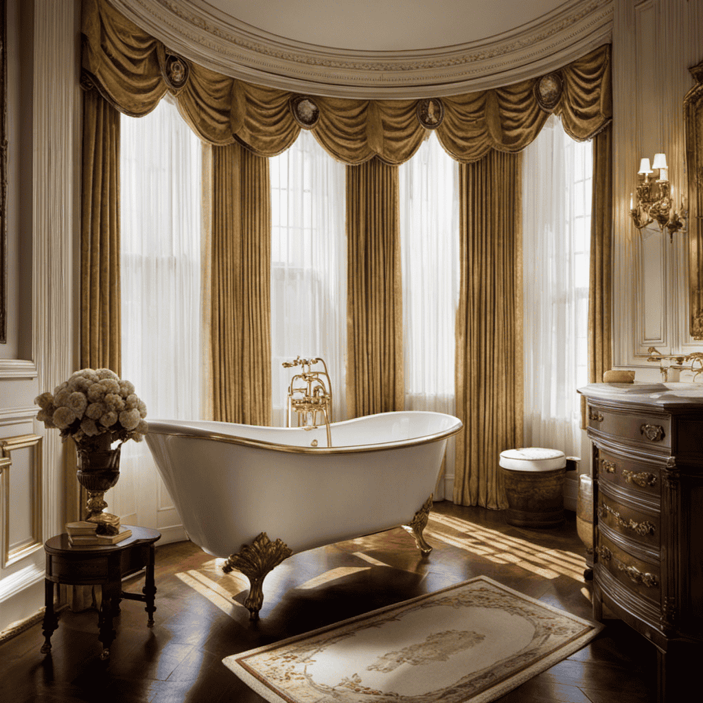 An image capturing a historic moment, depicting a vintage-style bathroom in the White House, showcasing a sturdy, porcelain bathtub with a distinct emblem