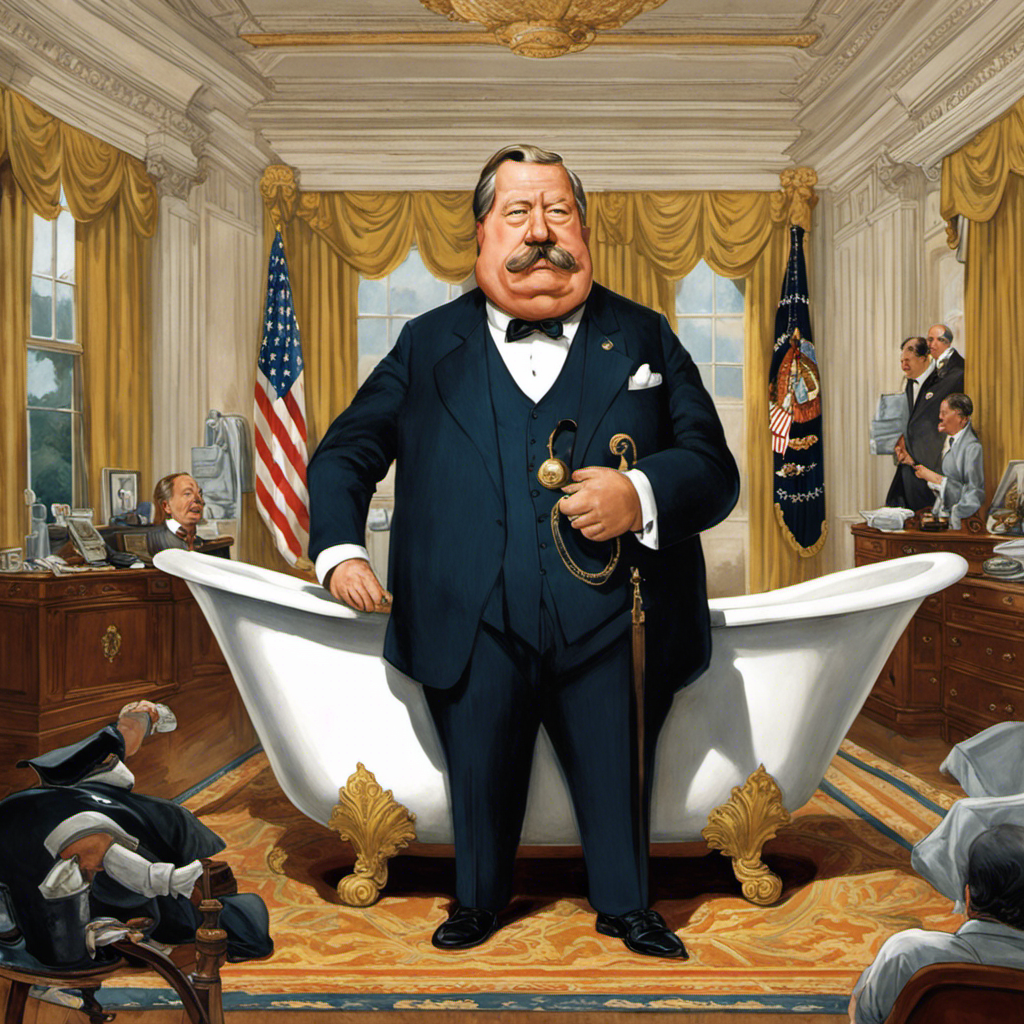 An image capturing the comical incident rumored to involve a rotund President, William Howard Taft, wedged in a bathtub within the White House, showcasing his struggle and the absurdity of the situation