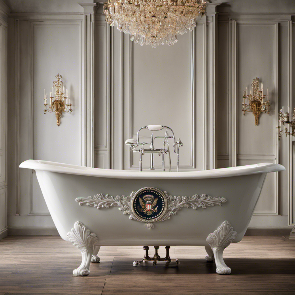 An image showcasing a vintage-style bathtub with a distressed porcelain finish, adorned with a presidential seal