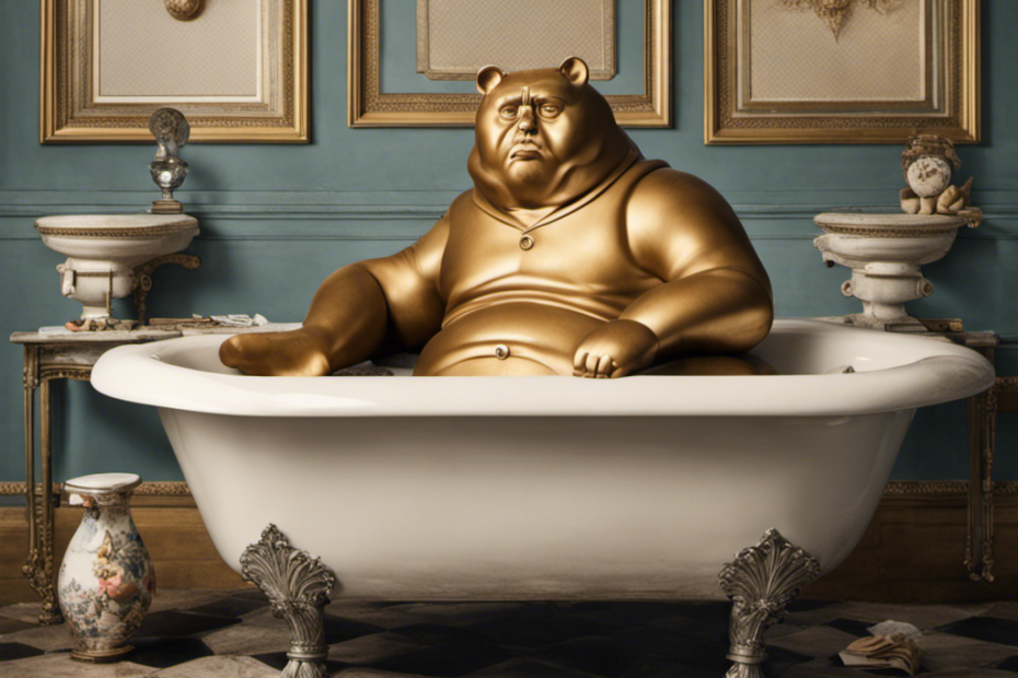 An image capturing the comical scene of a rotund figure wedged between the sides of a vintage clawfoot bathtub, hinting at the historical anecdote surrounding a former president's infamous bathing mishap