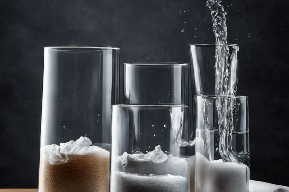 An image capturing a close-up view of three transparent glass beakers filled with water and each containing a different brand of toilet paper