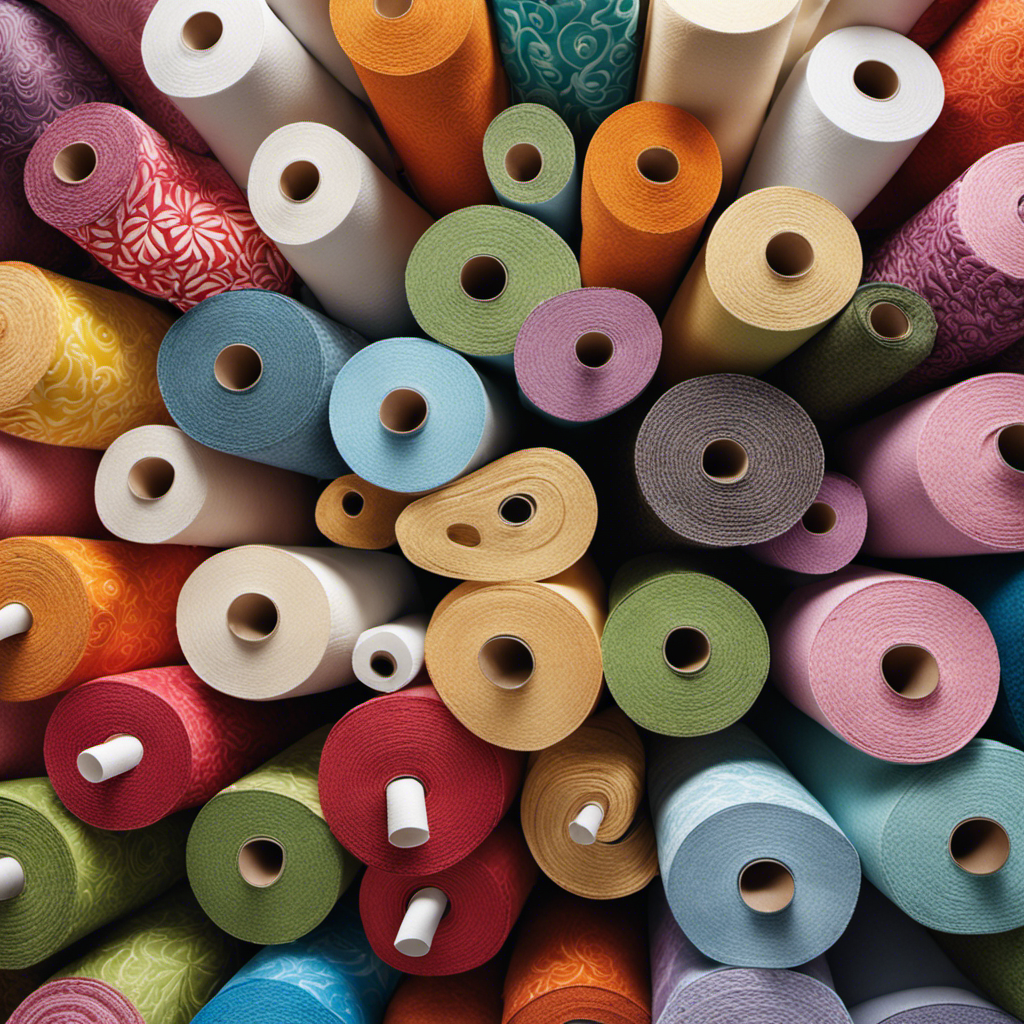 An image showcasing a variety of toilet paper brands neatly stacked, each roll distinct in texture and pattern