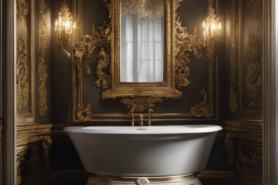 An image that portrays a dimly lit, ornate bathroom with a regal porcelain toilet