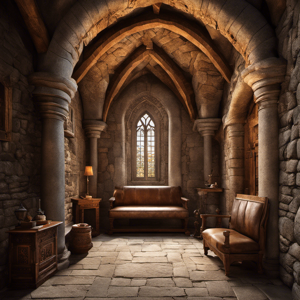 An image showcasing a medieval castle's interior, featuring a small room with stone walls and a wooden seat with a hole, surrounded by intricate pipes leading to a massive stone structure outside