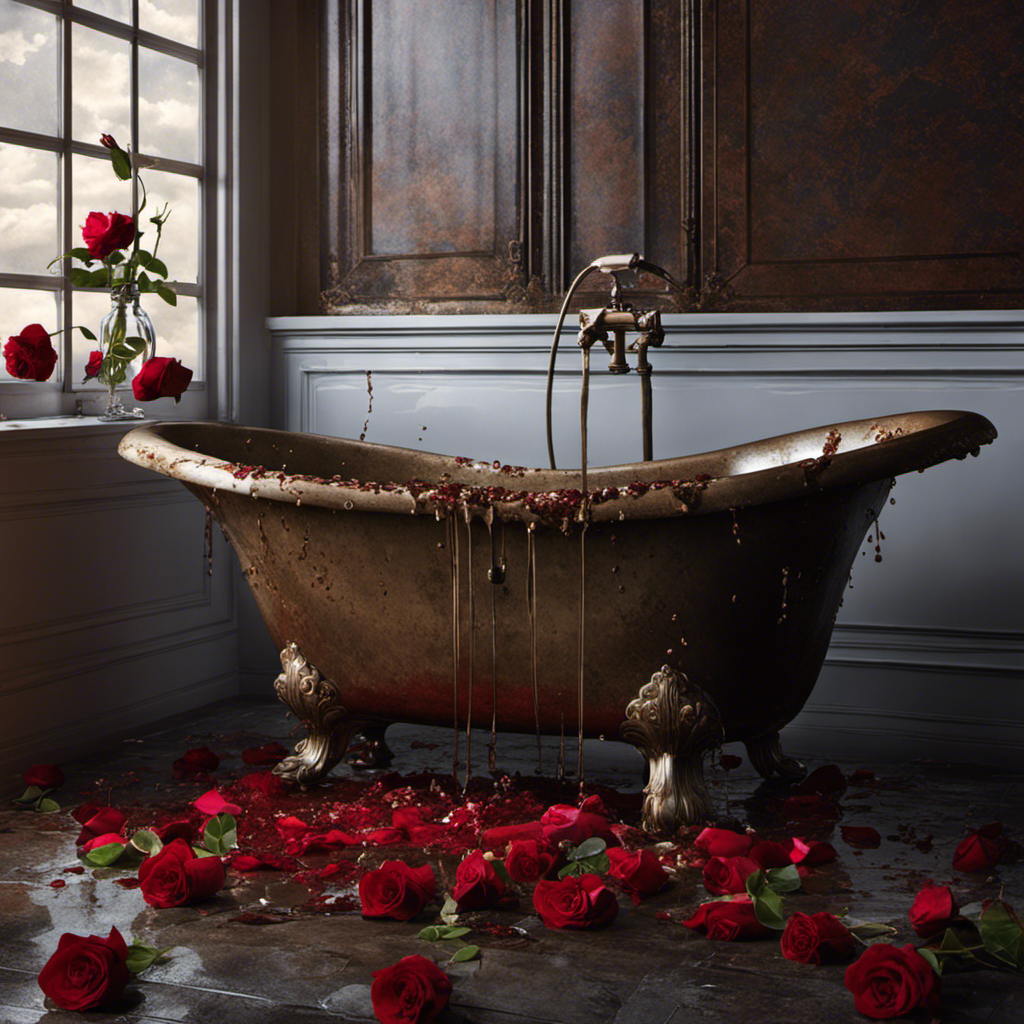 An image depicting a dimly lit, vintage bathroom with water overflowing from a rusted, clawfoot bathtub