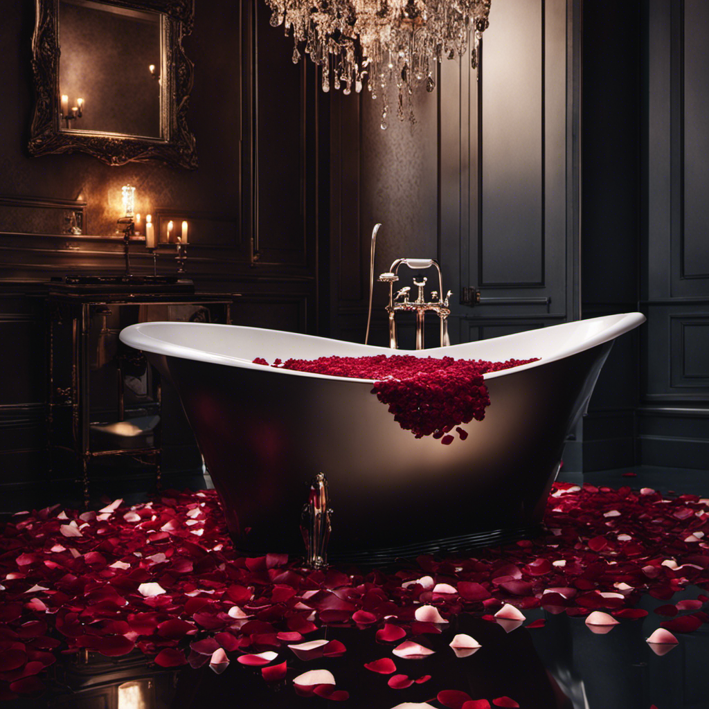 An image capturing a dimly lit bathroom with a half-empty glass of red wine resting on the edge of an overflowing bathtub, surrounded by scattered rose petals and a broken mirror