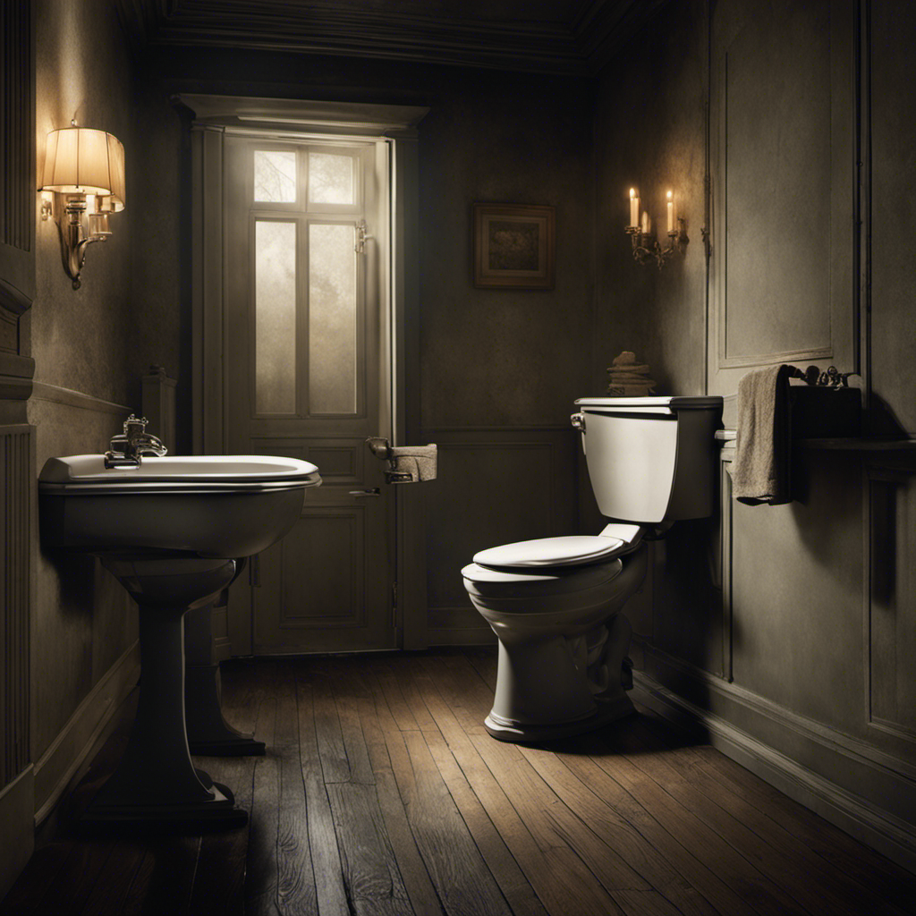 An image depicting a dimly lit, claustrophobic bathroom, with a lifeless figure slumped over a toilet