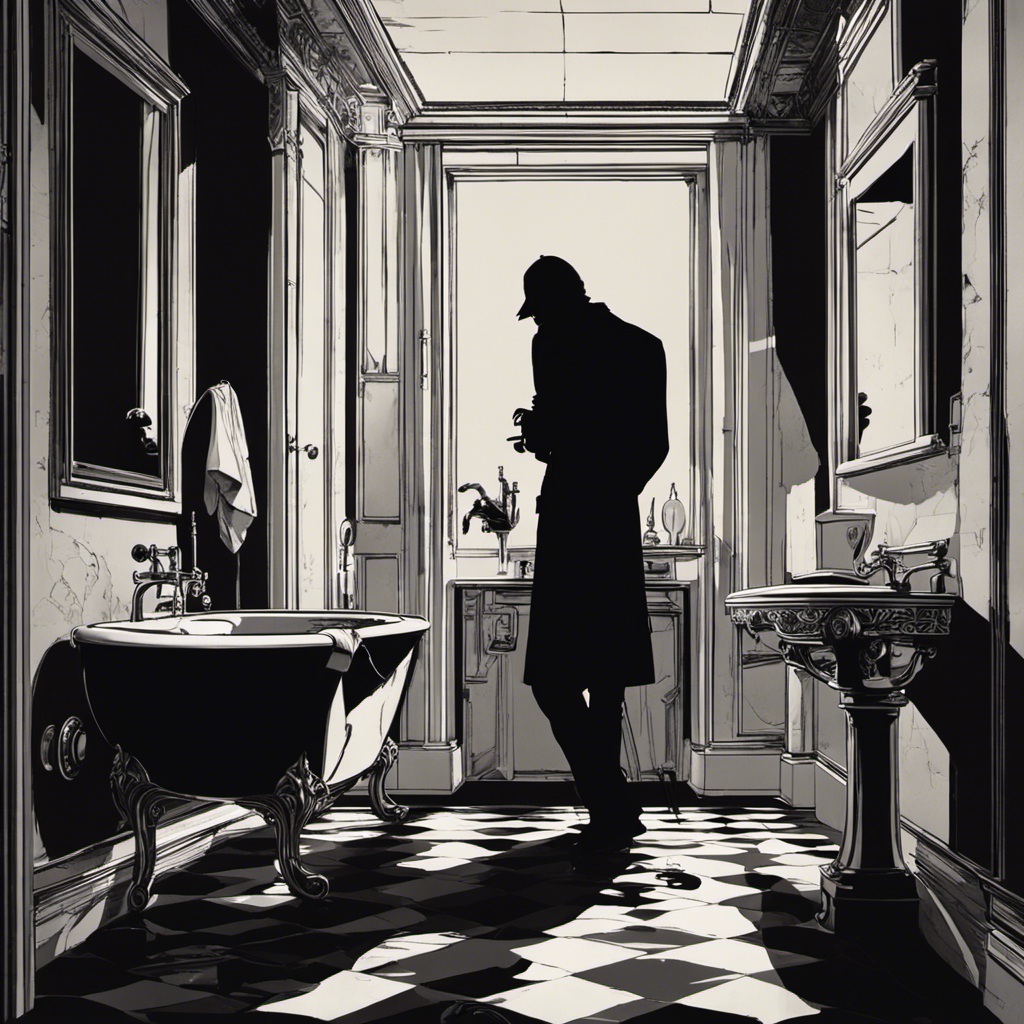 An image showing a dimly lit bathroom with a broken mirror reflecting a silhouette of a figure slumped over a toilet, emphasizing the eerie atmosphere and hinting at the mysterious demise of an unknown individual