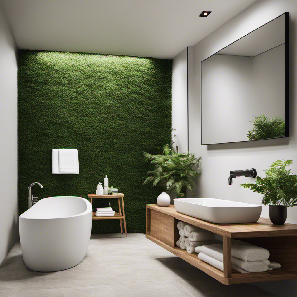An image showcasing a minimalist bathroom with a sleek, modern design