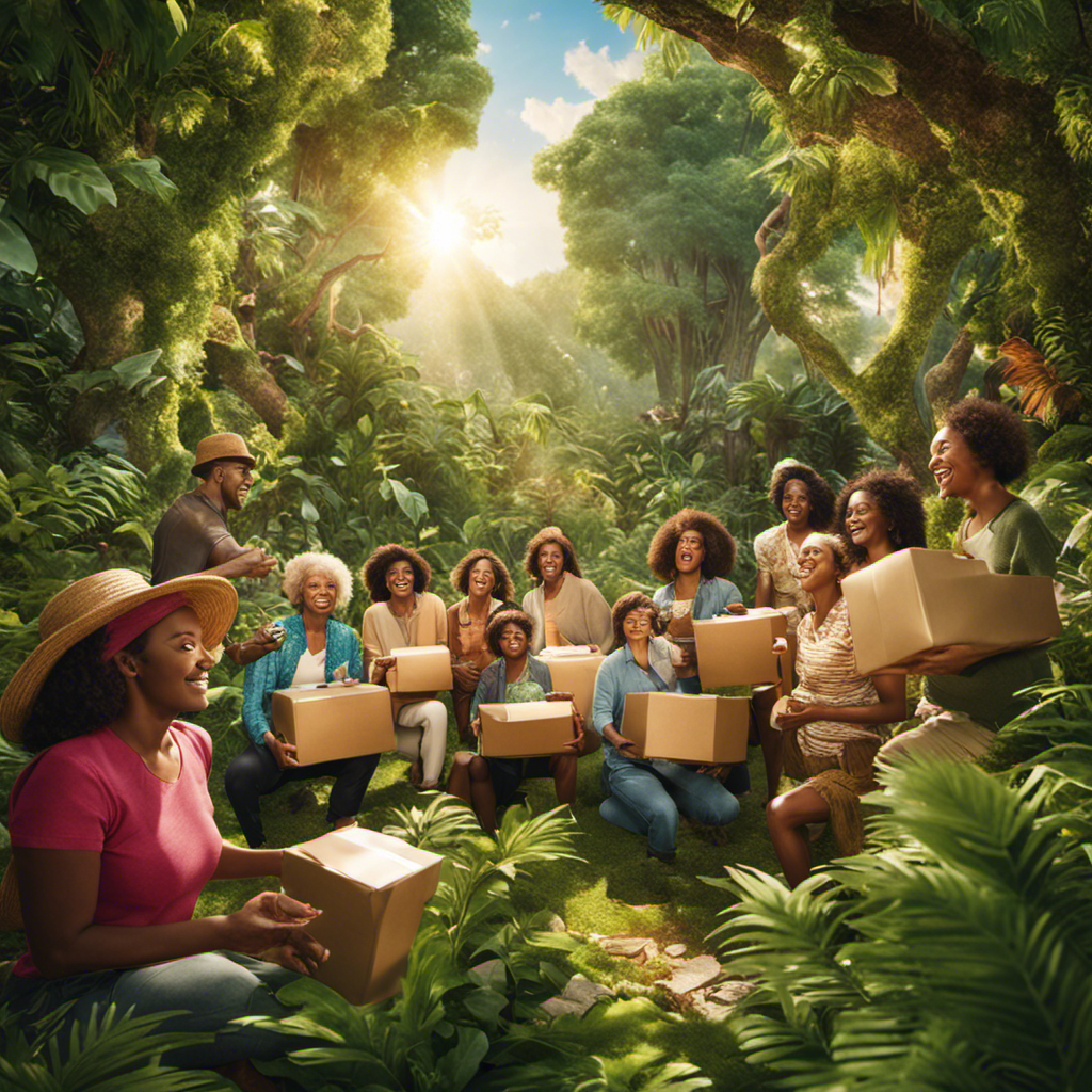 An image featuring a diverse group of people joyfully unwrapping vibrant packages of Who Gives a Crap toilet paper, surrounded by lush greenery, emphasizing the eco-friendly aspect, with sunlight filtering through the trees