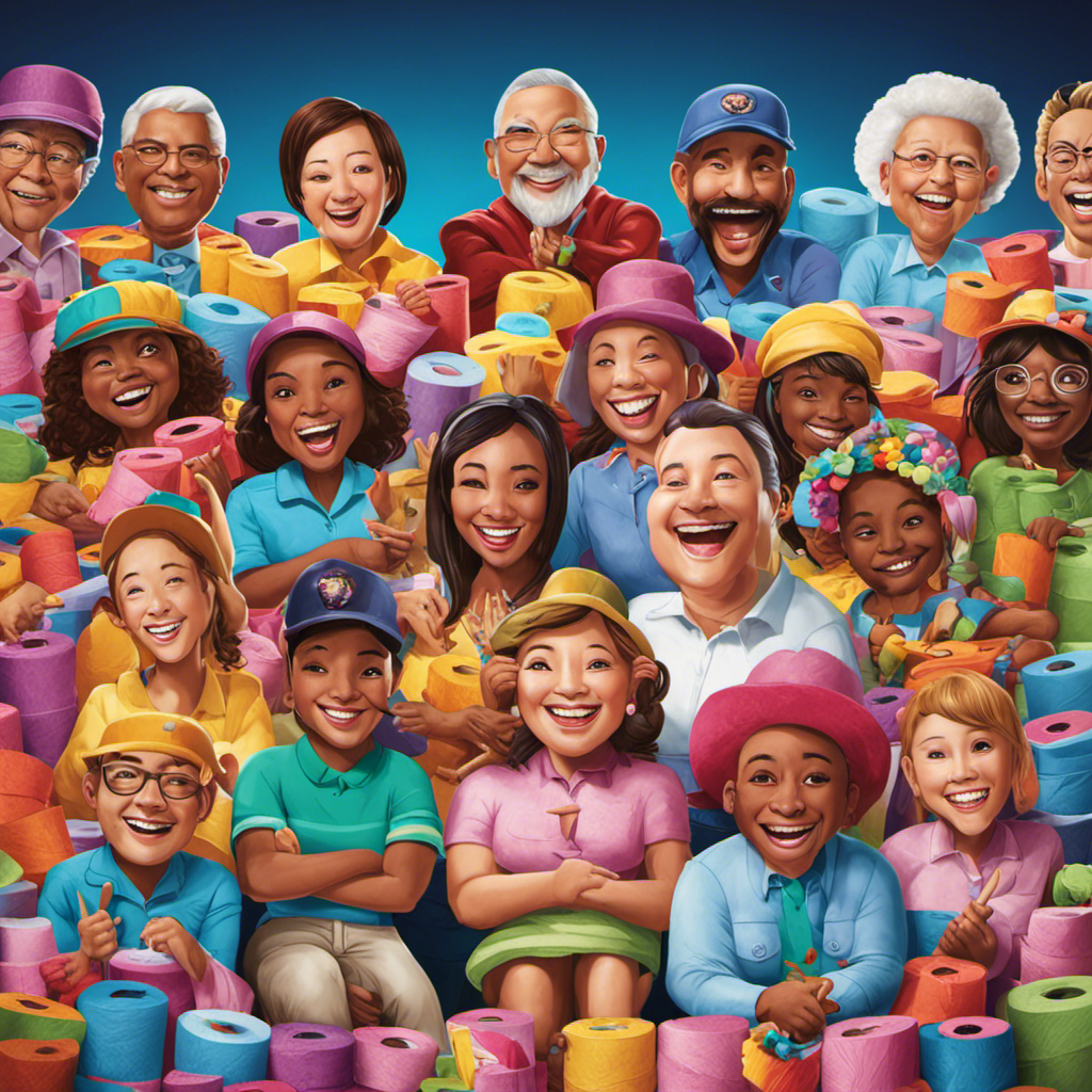 An image showcasing a diverse group of individuals with beaming smiles, comfortably seated on toilets, surrounded by colorful rolls of Who Gives a Crap toilet paper, conveying their satisfaction and delight