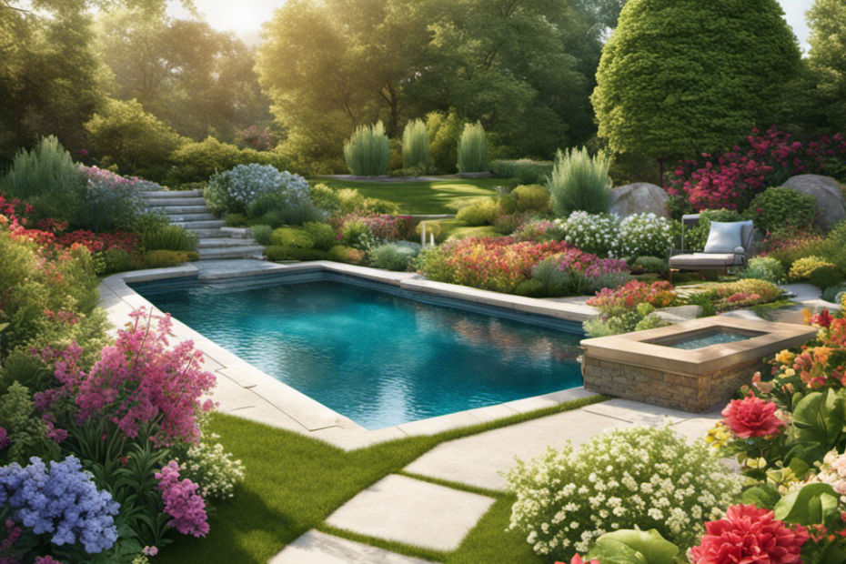 An image showcasing a serene, verdant backyard with a sparkling, crystal-clear pool surrounded by colorful flowers