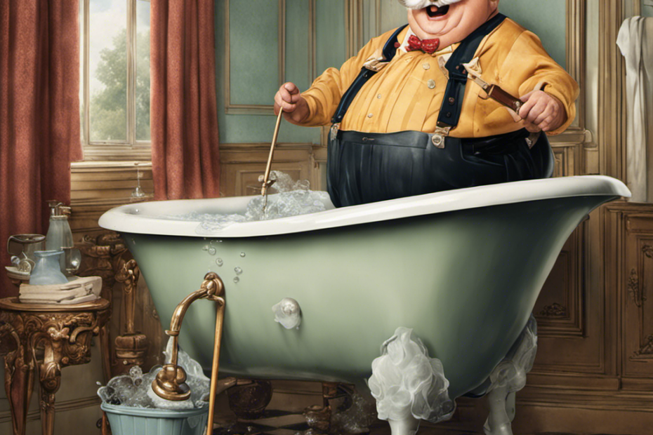 An image capturing a comical scenario: a plump, elderly gentleman with suspenders, a cane, and a mischievous smirk, wedged halfway into a vintage clawfoot bathtub, his legs dangling outside, while bubbles overflow onto the bathroom floor
