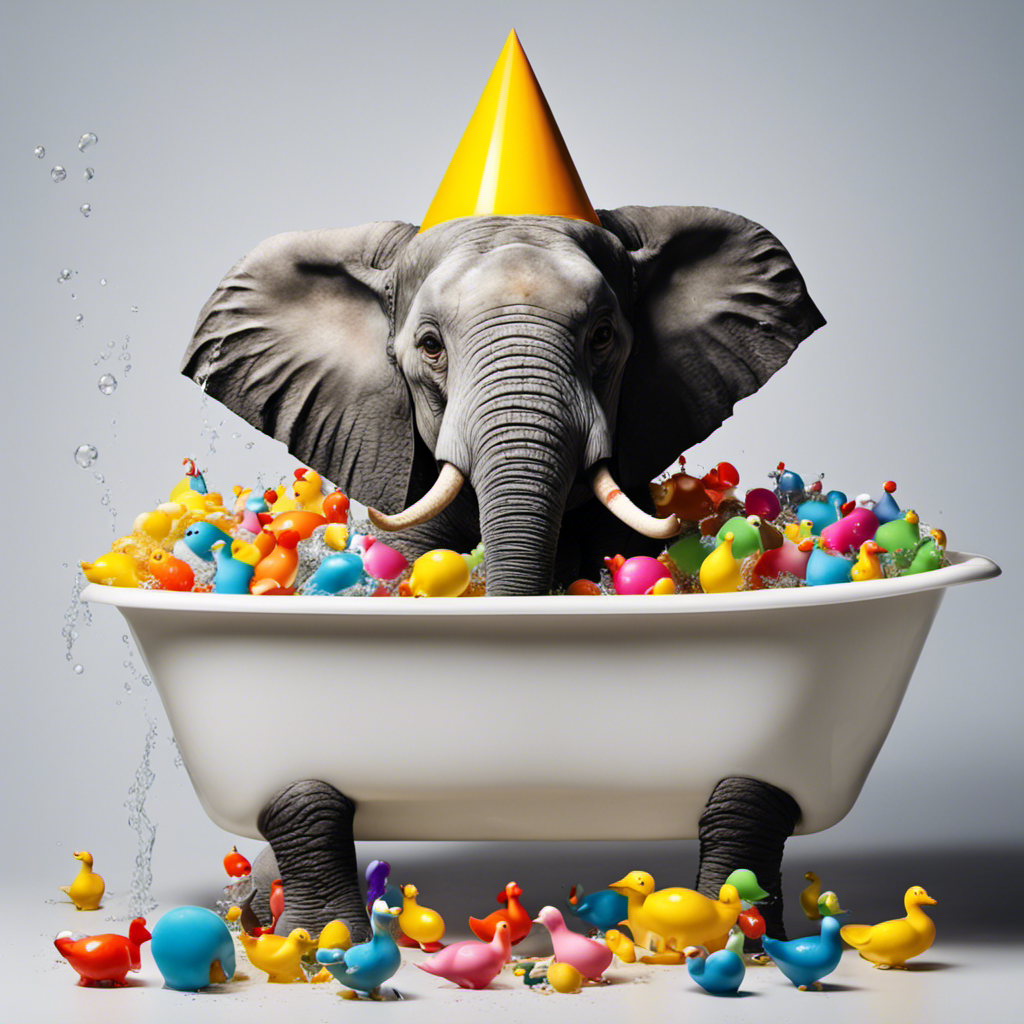 An image showcasing a comically exaggerated scene of a full-grown elephant, wearing a colorful party hat, wedged halfway into a small, vintage porcelain bathtub, surrounded by splashed water and an array of scattered rubber ducks