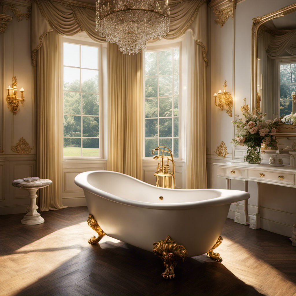 An image showcasing a historic White House bathroom, illuminated by soft golden light