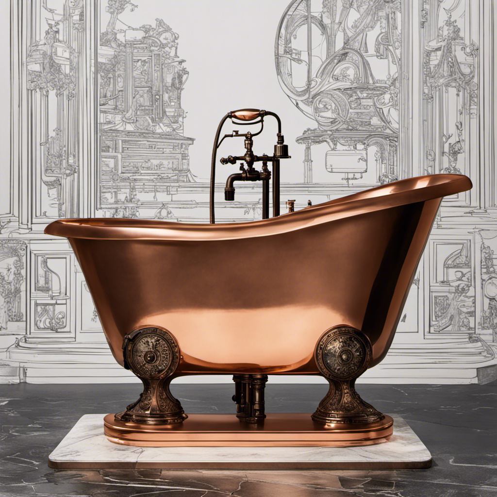 An image capturing the birth of the bathtub, showcasing a visionary inventor immersed in a gleaming copper tub, surrounded by sketches, tools, and a steam engine, illuminating the moment of creation