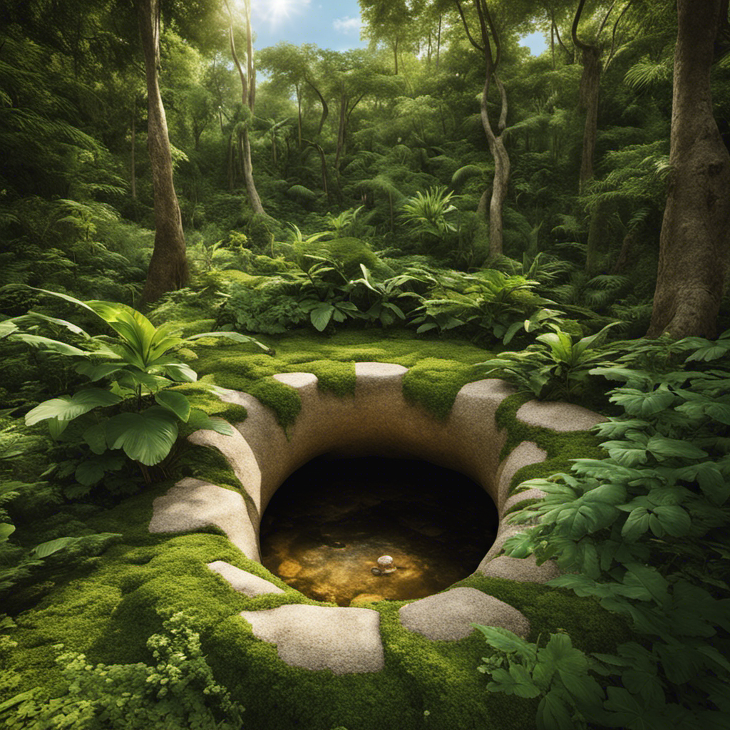 A striking image of a primitive stone structure, surrounded by lush vegetation, where a clever individual is seen innovatively channeling water into a hole, embodying the birth of the first rudimentary toilet