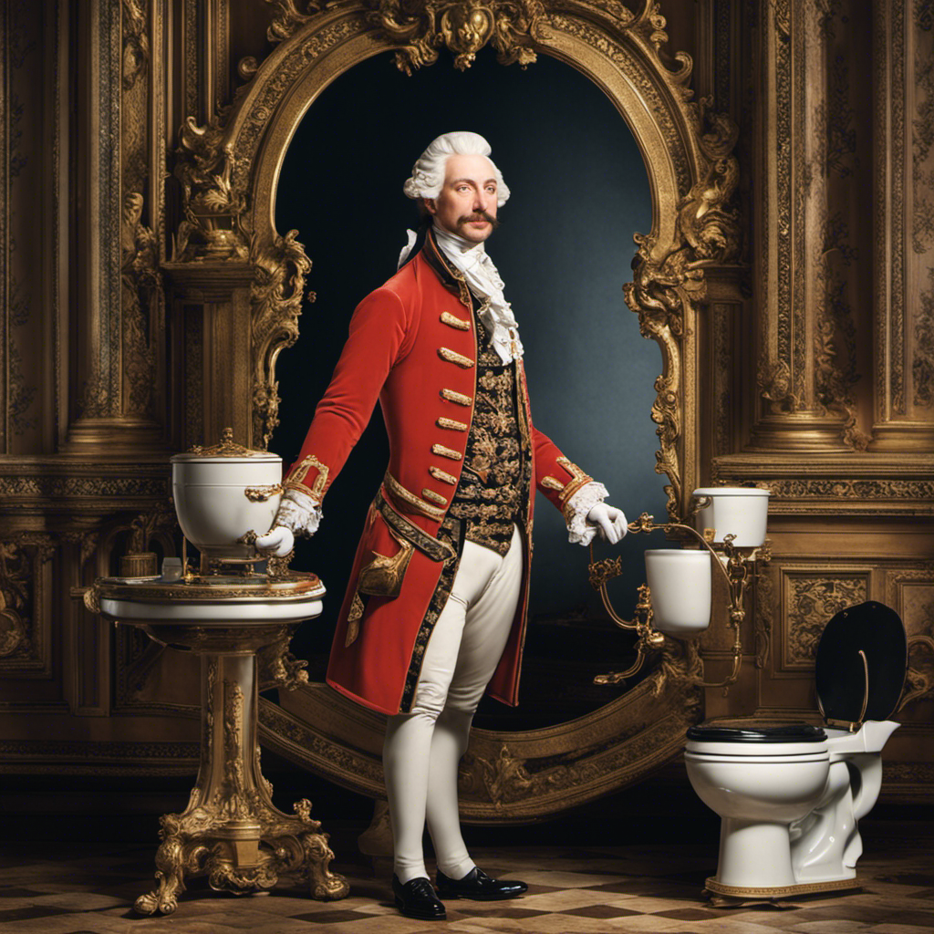 An image showcasing an 18th-century English gentleman, Sir John Harington, standing proudly beside his innovative invention, the flushing toilet, with intricate porcelain design, a lever, and a water reservoir
