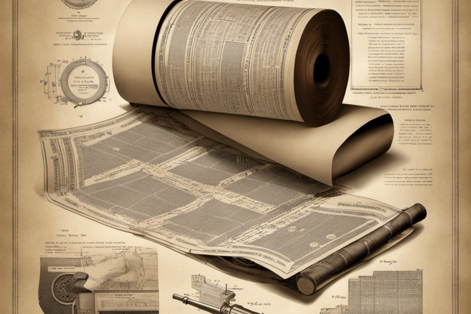 An image capturing the genesis of the toilet paper roll, with a sepia-toned photograph of a patent application from 1891, vintage rolls of perforated paper, and a blueprint sketch of the roll's original design