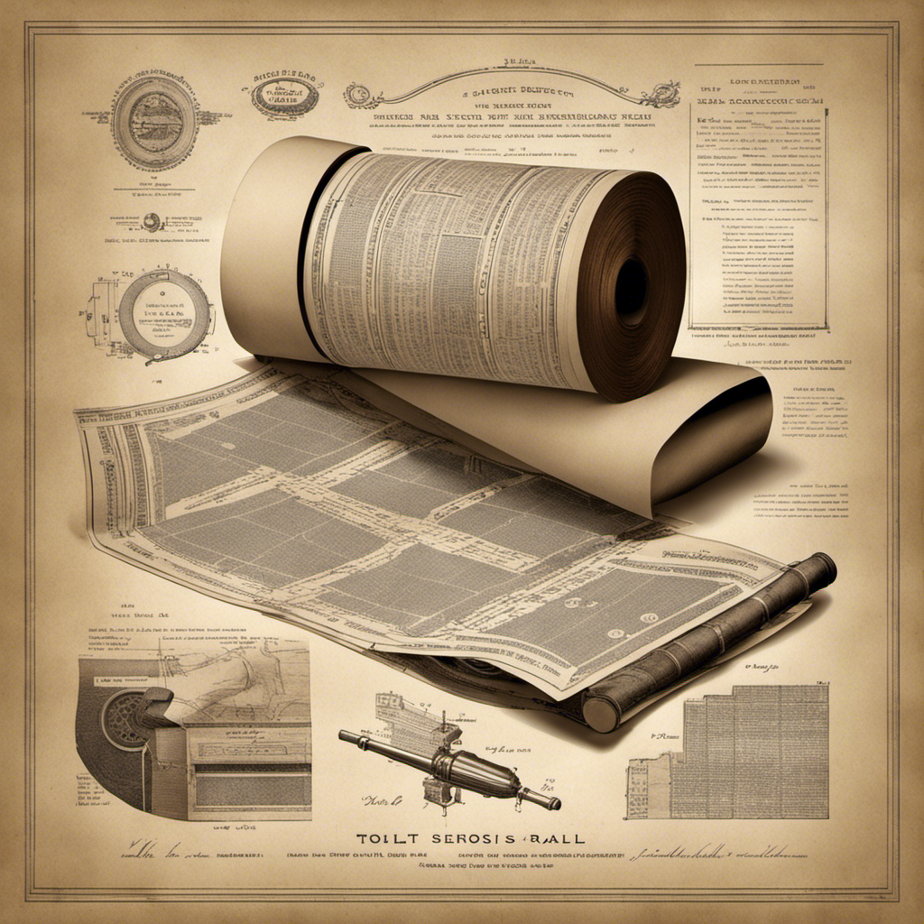 An image capturing the genesis of the toilet paper roll, with a sepia-toned photograph of a patent application from 1891, vintage rolls of perforated paper, and a blueprint sketch of the roll's original design