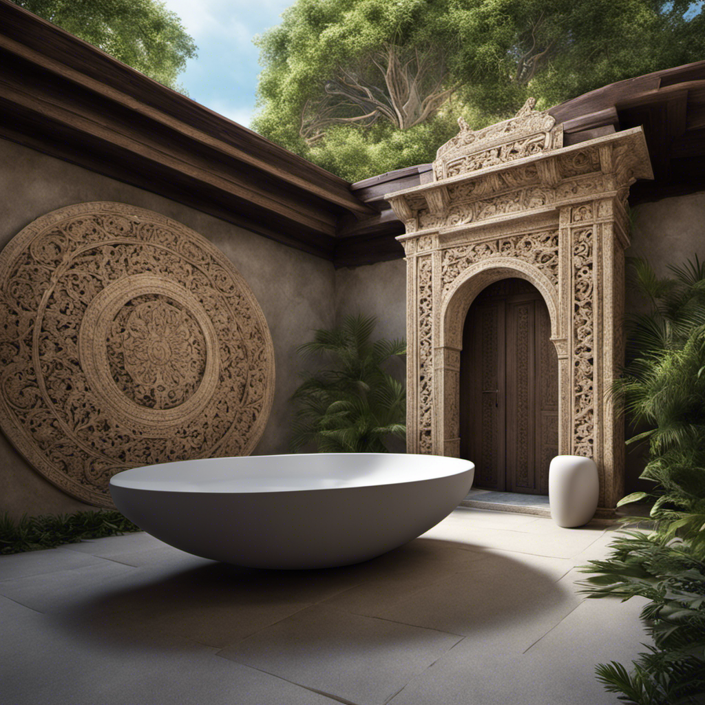 An image depicting a serene, ancient courtyard surrounded by intricately carved stone walls