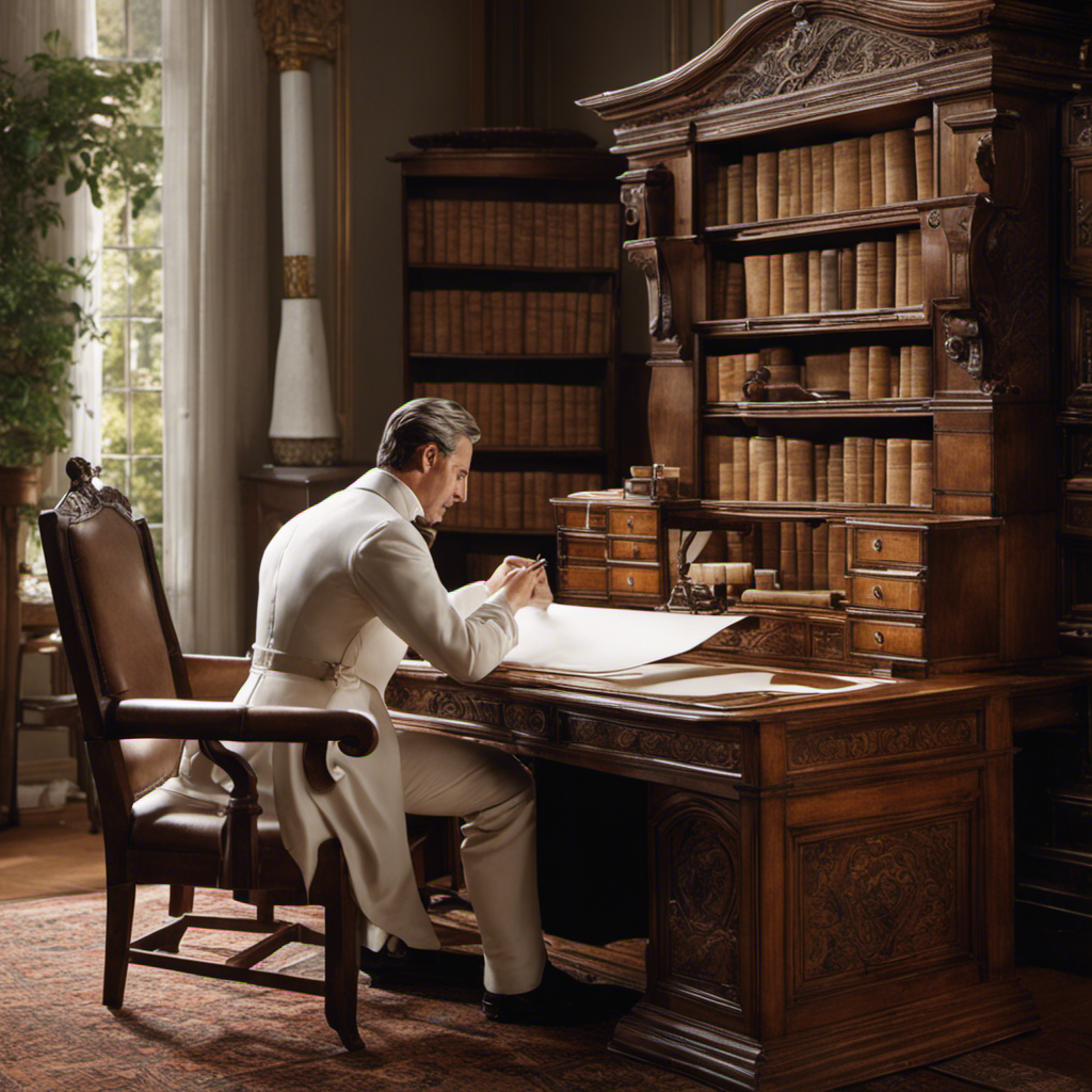 An image depicting a quaint 19th-century study, showcasing a gentleman inventor hunched over a desk, diligently crafting rolls of soft, white paper, with delicate lace-like patterns, destined to revolutionize hygiene forever