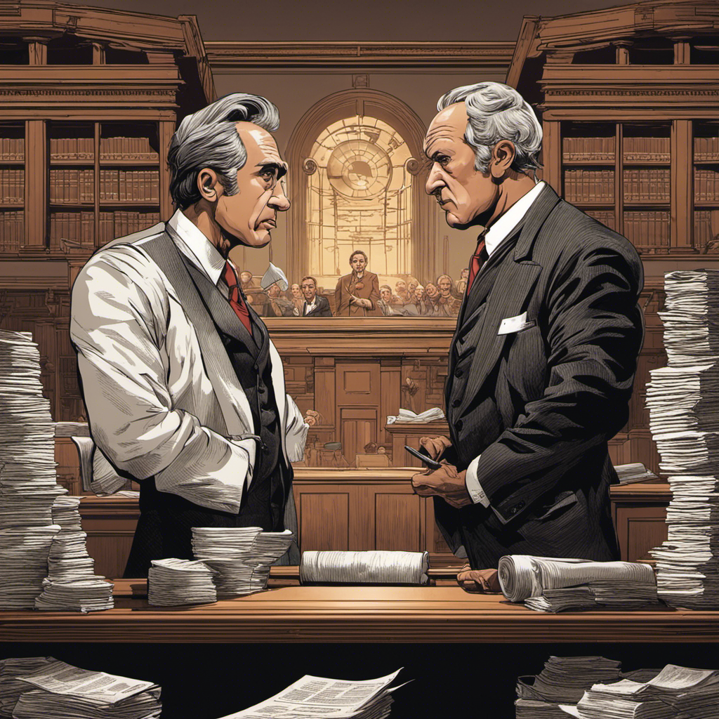 An image showcasing two determined inventors facing off in a courtroom, surrounded by stacks of patent documents