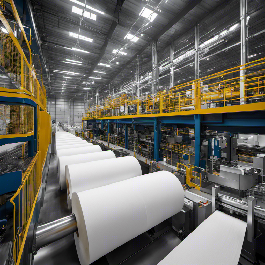 An image showcasing a state-of-the-art toilet paper manufacturing facility, with cutting-edge machinery and robotic arms seamlessly producing rolls of soft, white toilet paper, ready for distribution