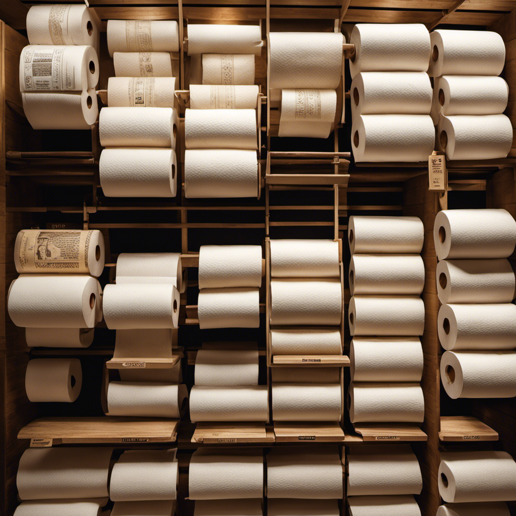 An image capturing the evolution of commercial toilet paper, showcasing a chronological lineup of toilet paper rolls, ranging from the earliest crude versions made of hemp and wood pulp to the modern soft and luxurious rolls we use today