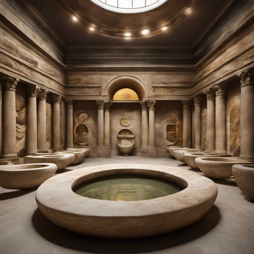 An image showcasing a crowded ancient Roman public restroom, with marble walls, rows of stone toilet seats, and a system of flowing water, to explore the intriguing origins of the invention of the toilet