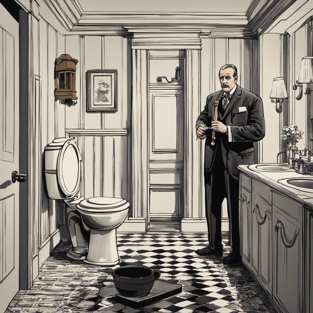 An image showcasing a pristine bathroom with a clogged toilet, emphasizing a confused tenant holding a plunger while a disinterested landlord stands nearby with crossed arms, both pointing at each other in a blame game