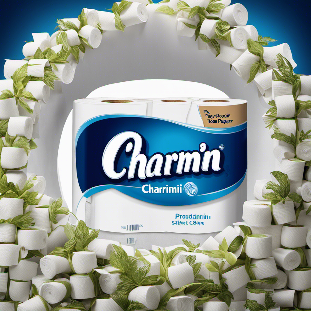 An image showcasing the production process of Charmin toilet paper, with vivid visuals of skilled workers operating state-of-the-art machinery, crafting soft and luxurious rolls, while maintaining strict quality control measures