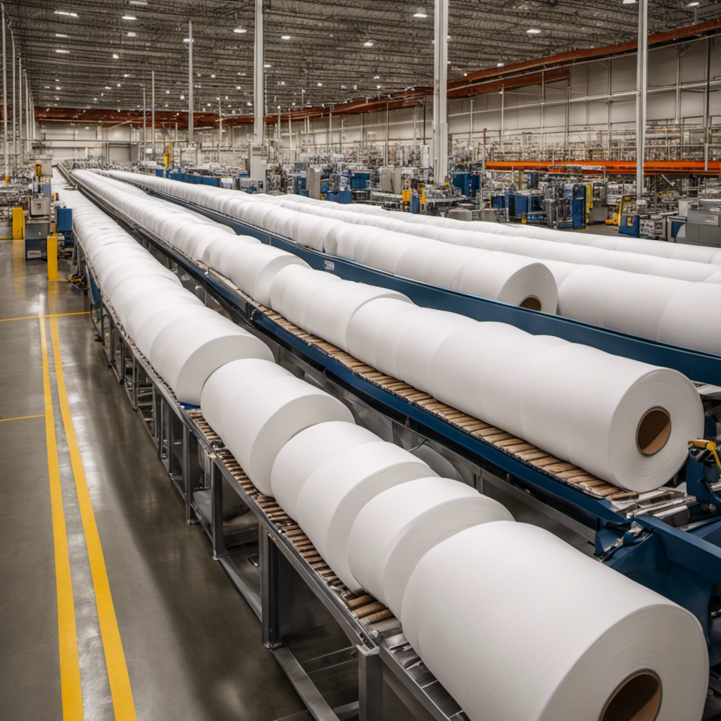 An image that showcases the intricate process of crafting Costco toilet paper, revealing the synchronized assembly line, towering stacks of pristine rolls, and diligent workers clad in blue uniforms, ensuring quality and efficiency