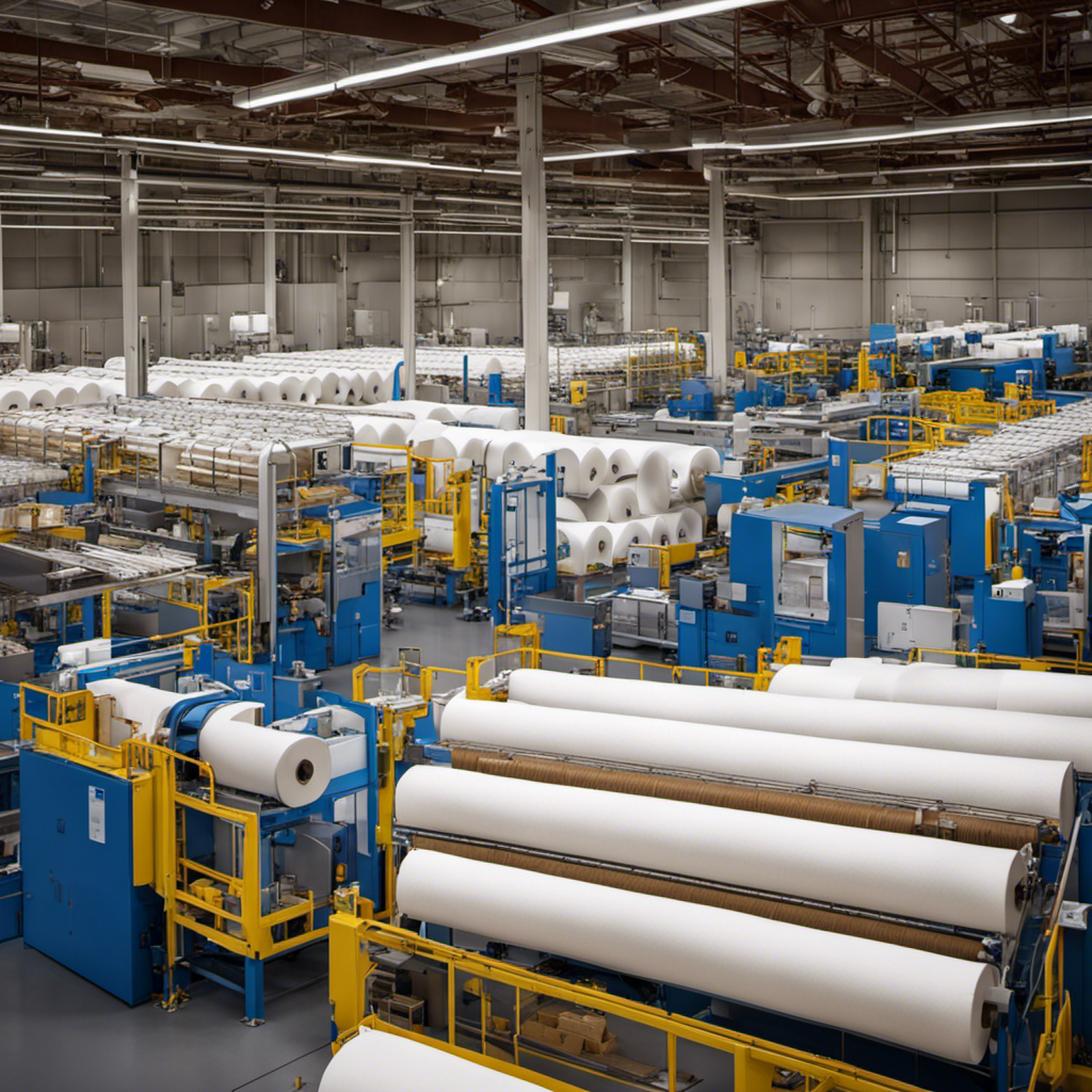 An image showcasing the intricate process of crafting Cottonelle Toilet Paper, revealing a bustling factory floor with state-of-the-art machinery, diligent workers sorting and packaging the soft, luxurious rolls, and a quality control station ensuring perfection