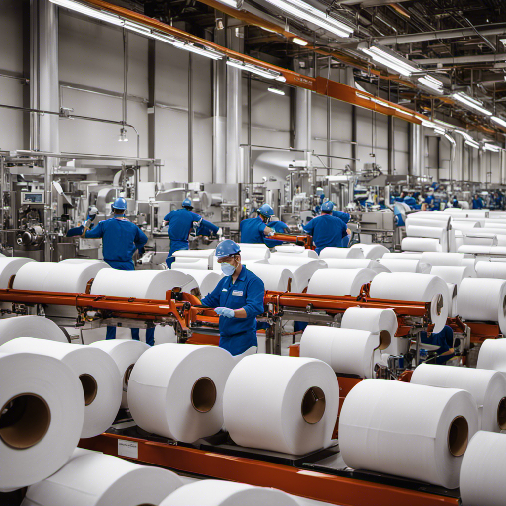 An image that showcases the intricate manufacturing process of Kirkland toilet paper, with workers wearing blue uniforms operating state-of-the-art machinery in a bright, spacious factory, producing rolls of toilet paper with Kirkland's distinctive logo