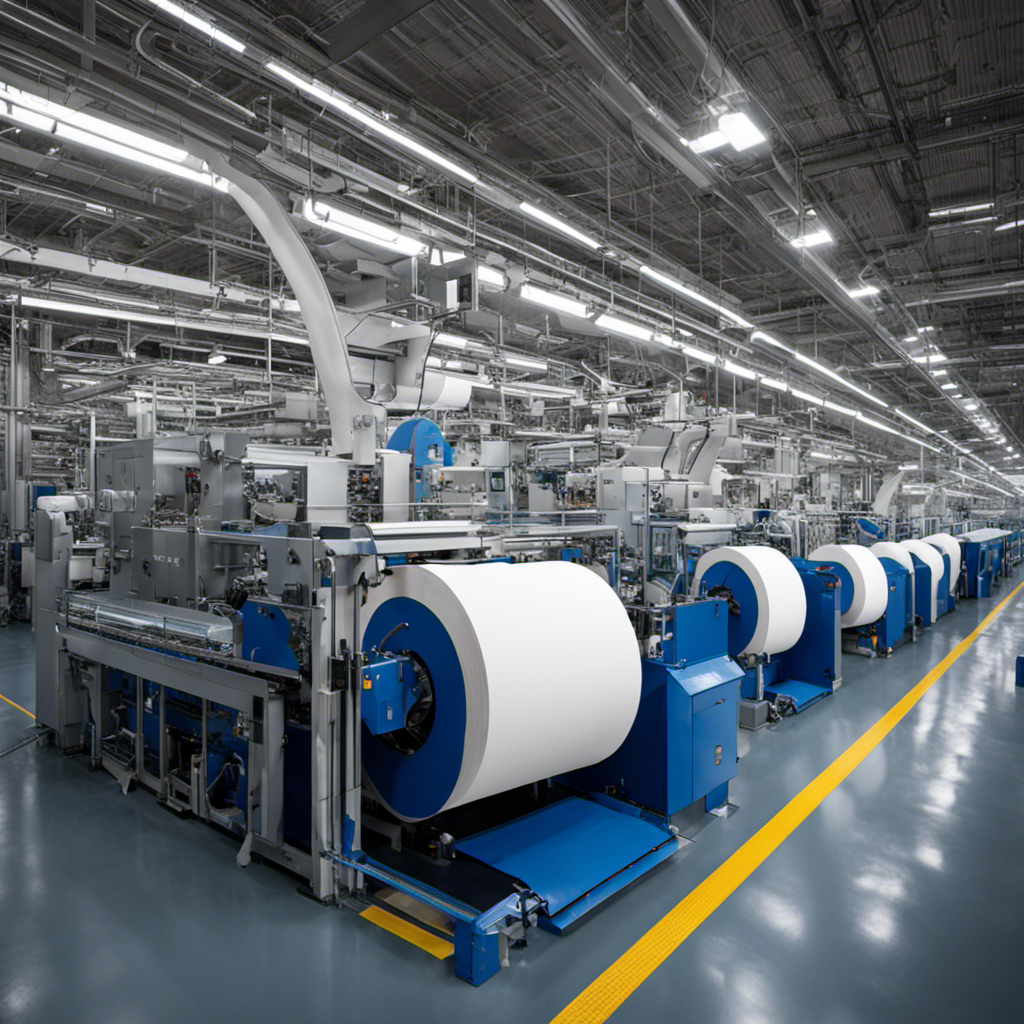 An image showcasing the production of Members Mark toilet paper: A bustling factory floor filled with state-of-the-art machinery, where workers clad in blue uniforms expertly handle massive rolls of pristine white paper, transforming them into the sought-after toilet tissue