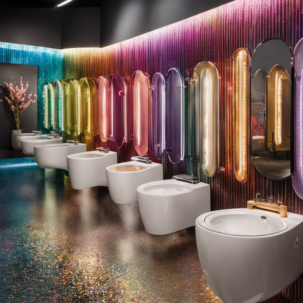 An image featuring a diverse group of people of all ages, genders, and backgrounds, joyfully gathered around a row of sparkling toilets in a showroom, expressing their delight and satisfaction with their preferred toilet brand