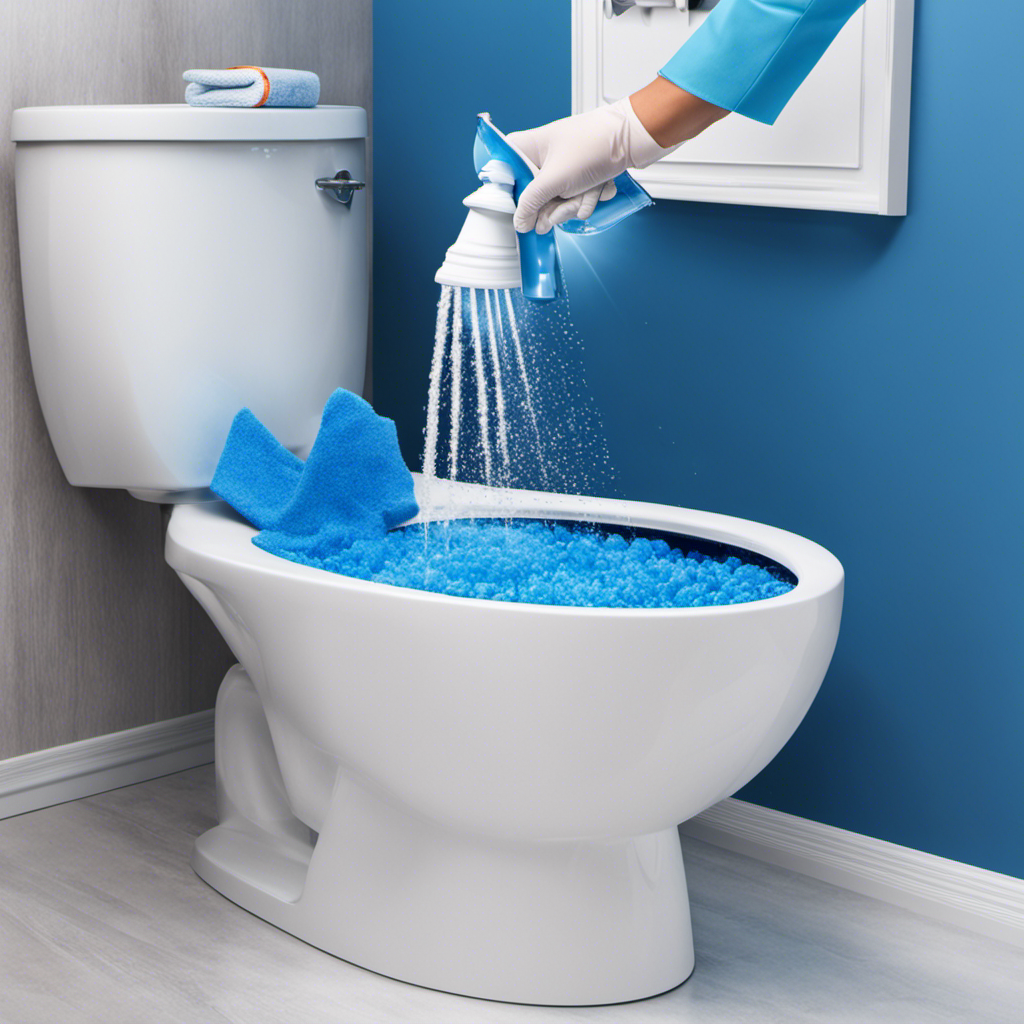An image showcasing a sparkling white toilet bowl being effortlessly cleaned by a gloved hand, while vibrant blue droplets of Splash Toilet Cleaner cascade down, leaving a refreshing scent and a gleaming surface