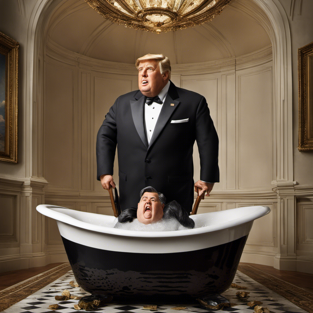 An image depicting a historical scene where a rotund president struggles to free himself from a bathtub, capturing the moment with a humorous touch