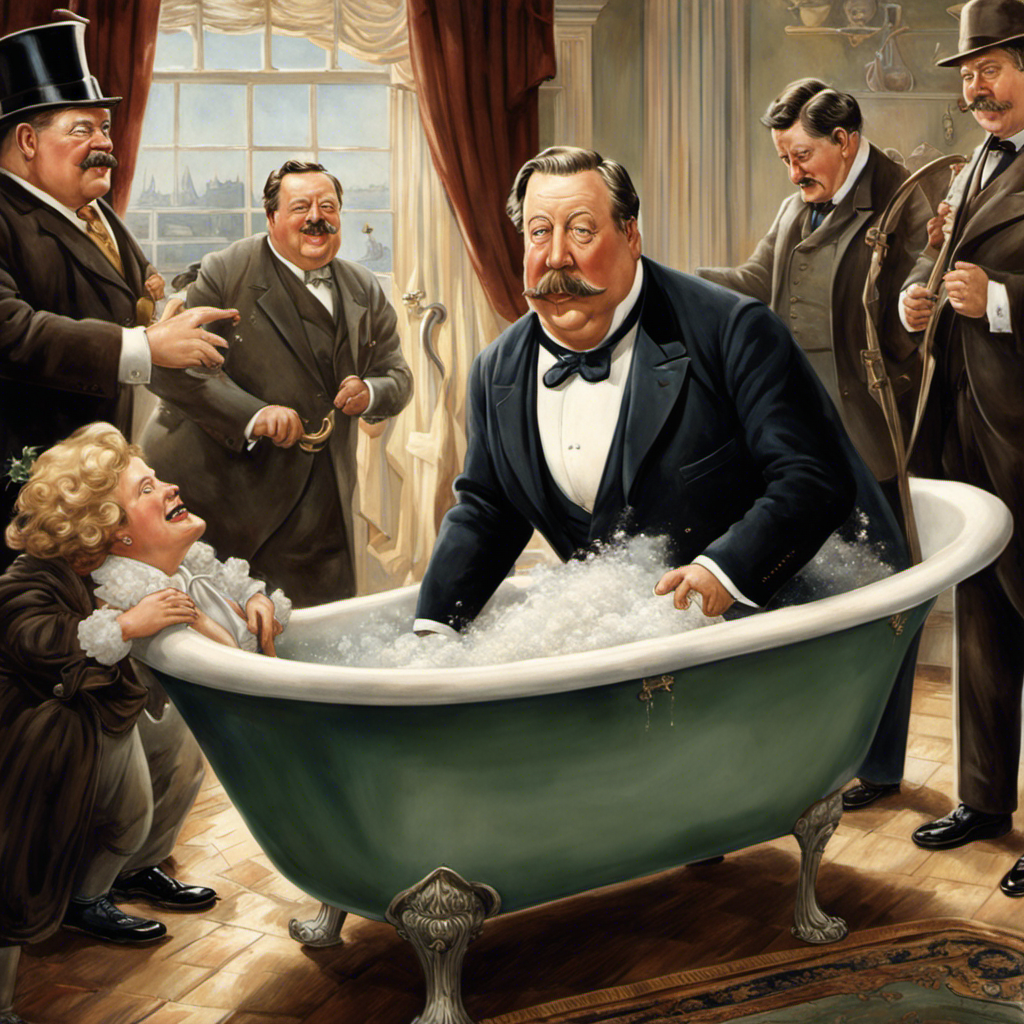 An image capturing the comical incident when President William Howard Taft inadvertently got wedged in a bathtub