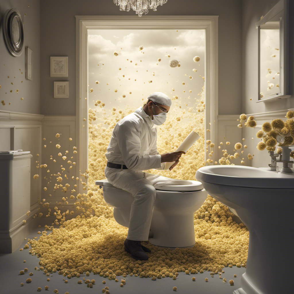 An image depicting a person sitting on a toilet, surrounded by various allergens such as pollen, dust mites, and chemicals, highlighting the sudden onset of an allergic reaction to toilet paper